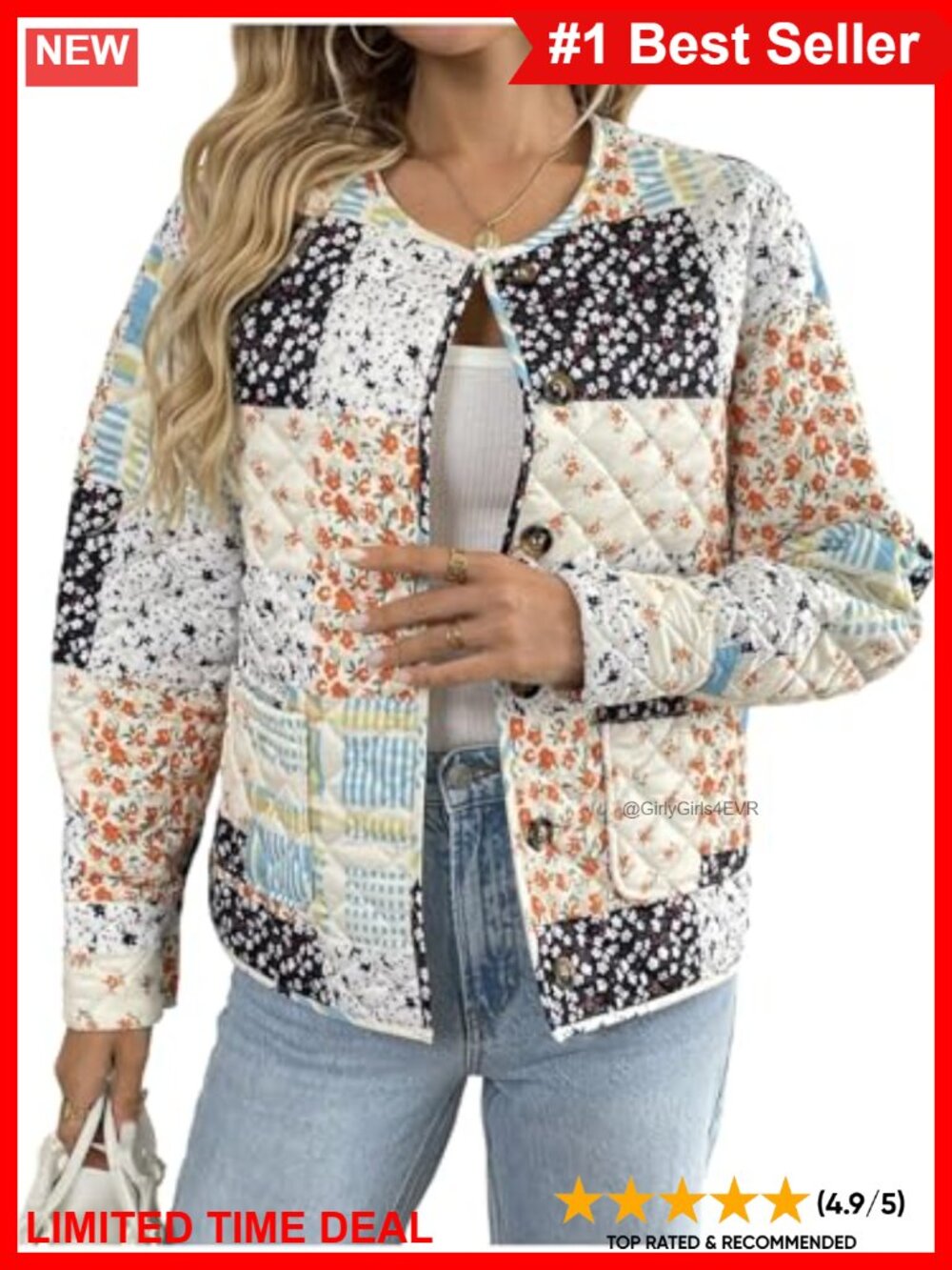 Quilted Floral Patchwork Button Down Jacket Long Sleeve Puffy Coat
